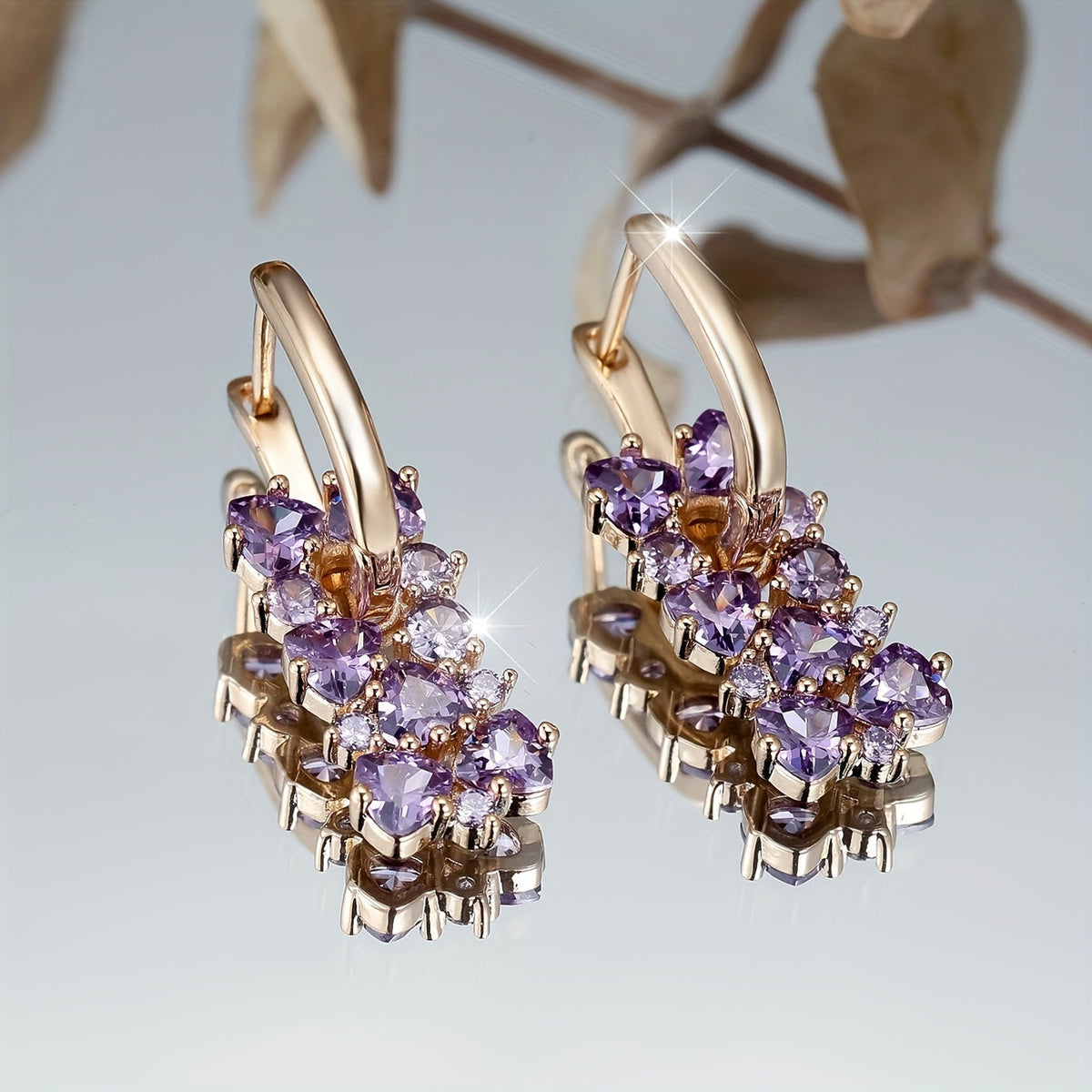 Elegant Purple Zirconia Gold Plated Dangle Earrings