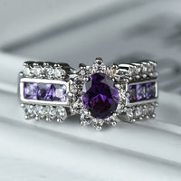 Vintage Boho Silver Purple Oval Zirconia Stone Rings