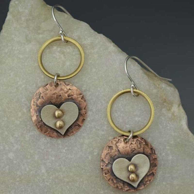Rustic Textured Mixed Metal Circle Heart Dangle Earrings