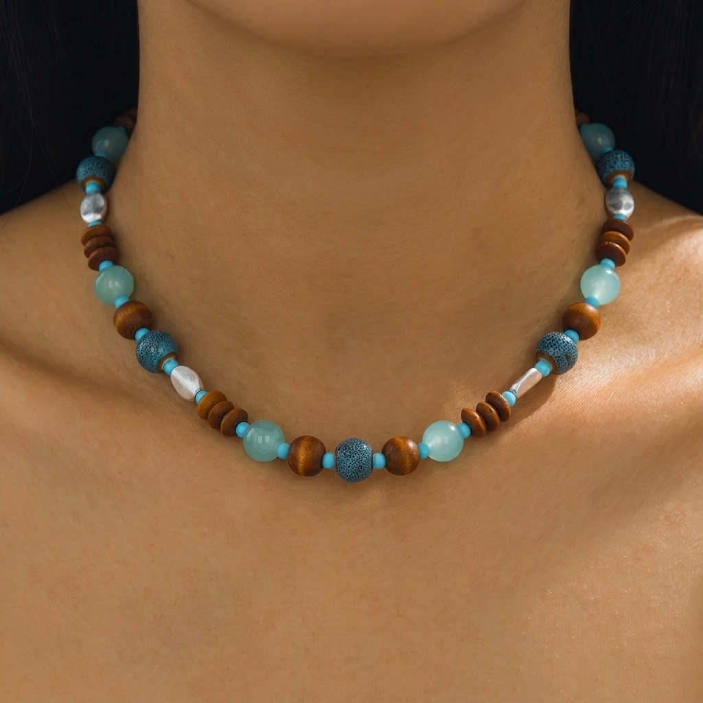 Vintage Bohemian Ceramic Glass Bead Choker Necklace