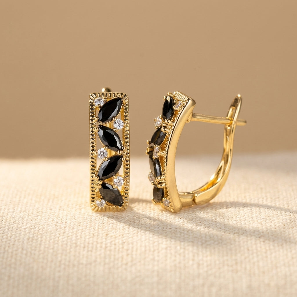 Marquise Black Cubic Zirconia Gold Hoop Earrings