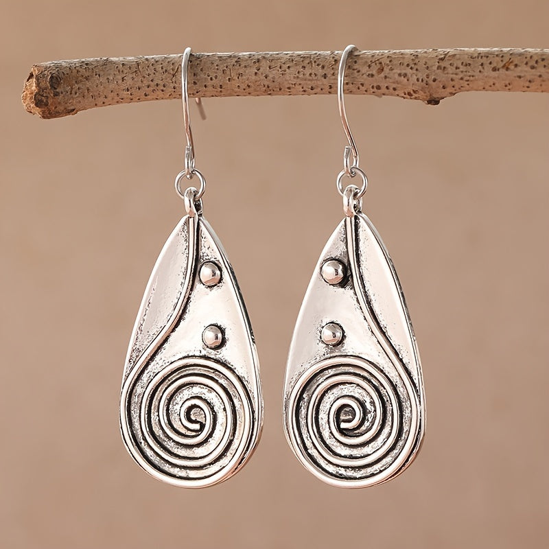 Vintage Spiral Teardrop Primitive Sun Silver Plated Earrings