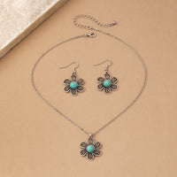 Vintage Turquoise Flower Silver Plated Necklace & Earring Set
