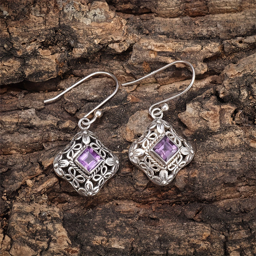 Vintage Purple Zirconia Floral Filigree Drop Earrings