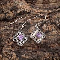 Vintage Purple Zirconia Floral Filigree Drop Earrings