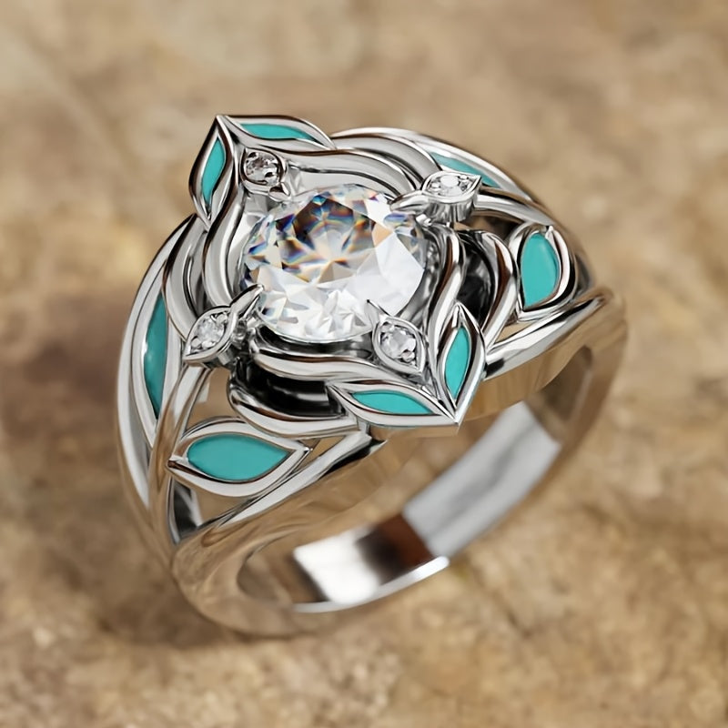 Elegant Bohemian Turquoise Leaf Zirconia Crystal Ring