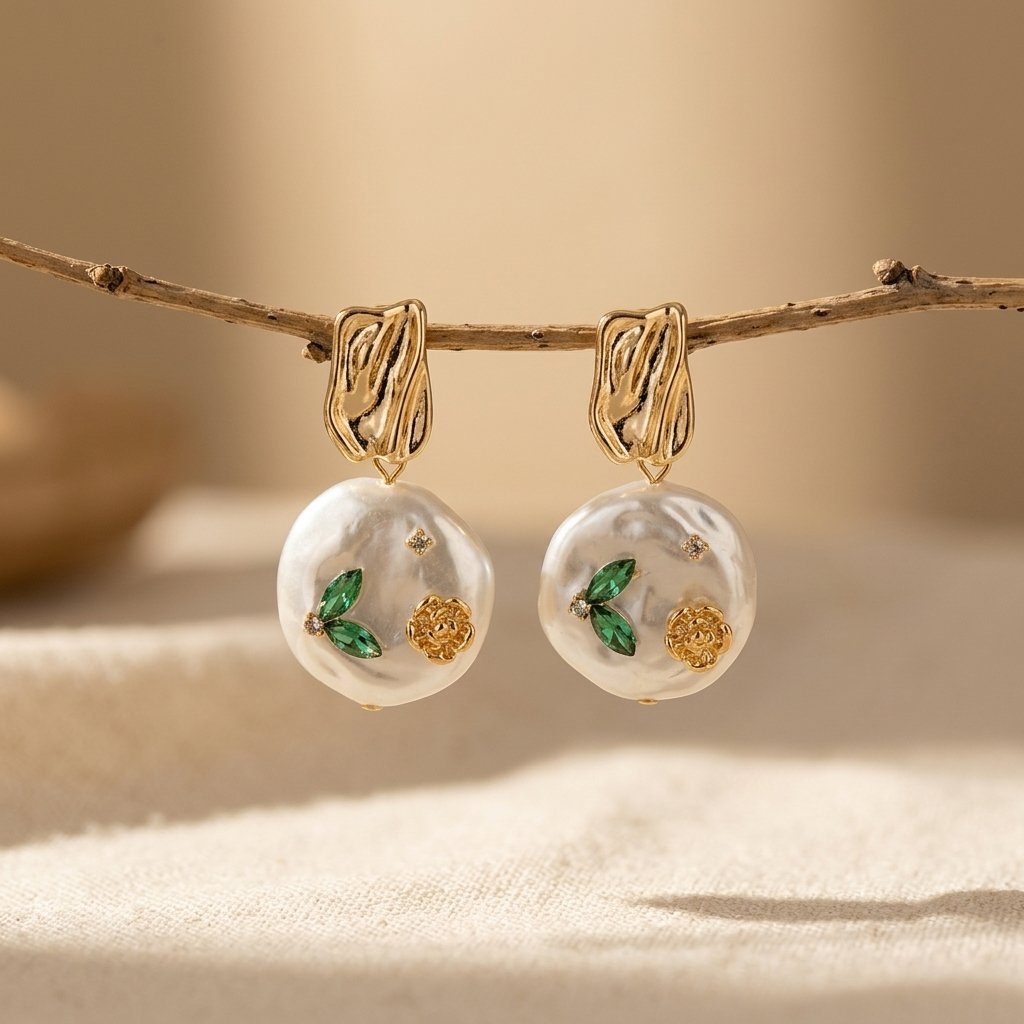 Baroque Pearl Gold Floral Green Crystal Earrings