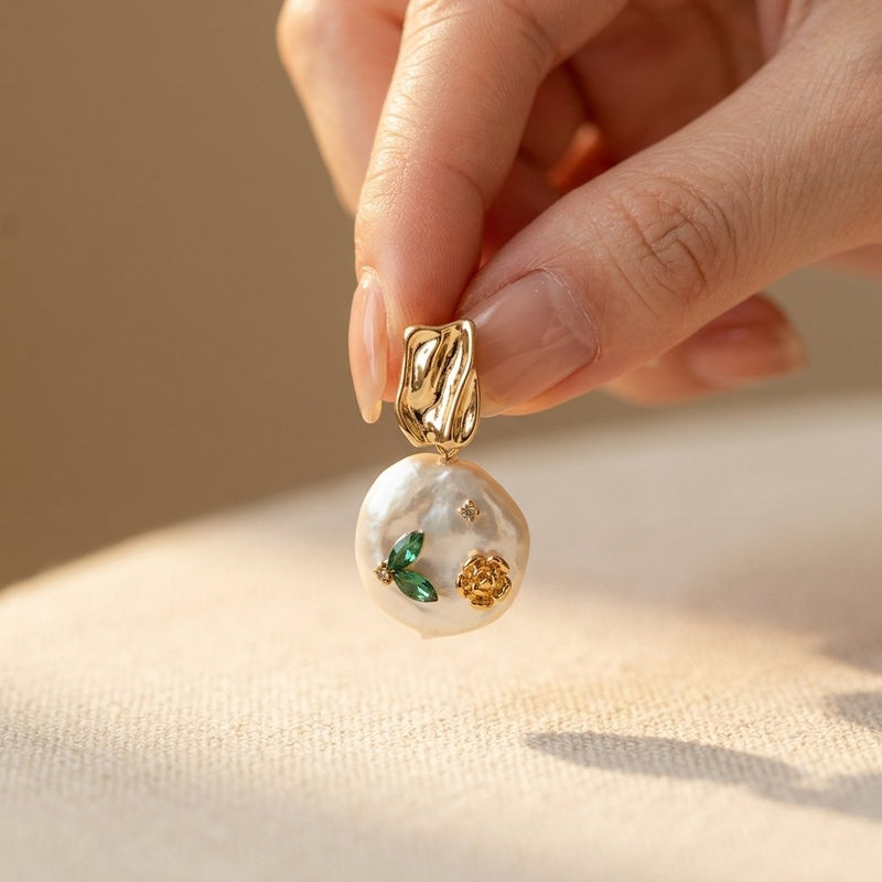 Baroque Pearl Gold Floral Green Crystal Earrings