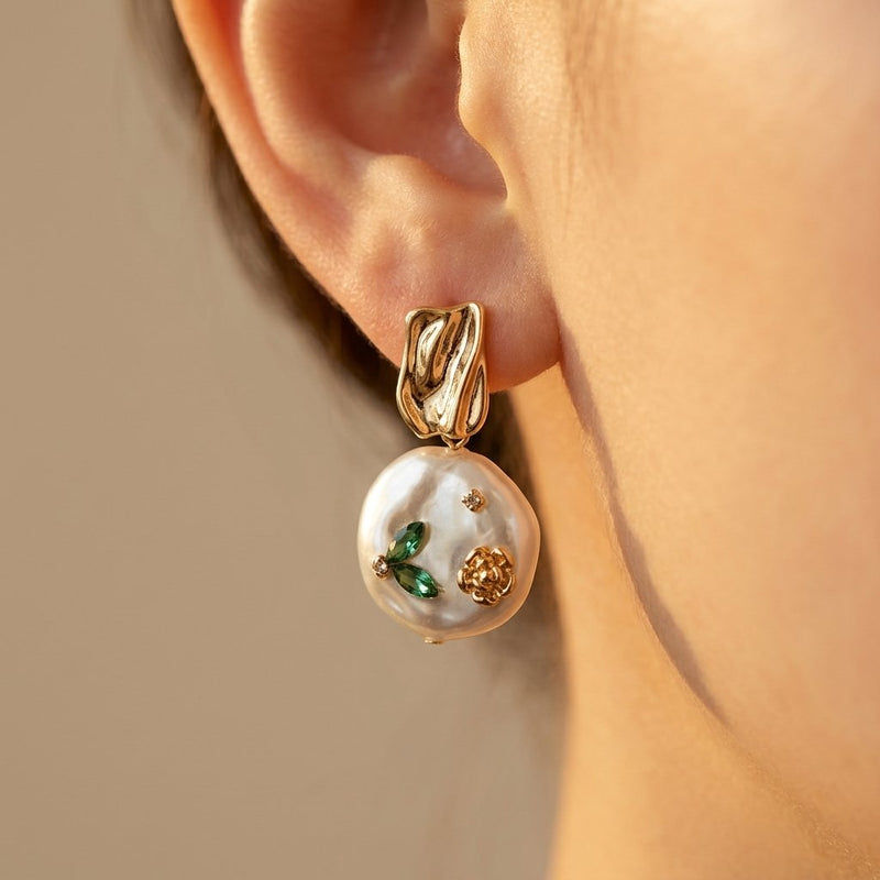 Baroque Pearl Gold Floral Green Crystal Earrings