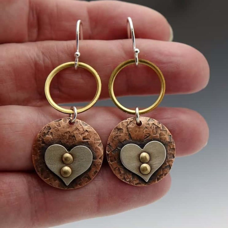Rustic Textured Mixed Metal Circle Heart Dangle Earrings