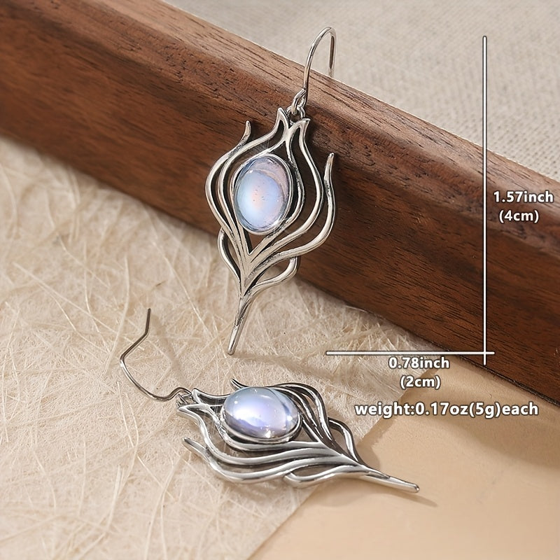 Vintage Bohemian Moonstone Leaf Drop Earrings
