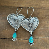 Artisan Handmade Turquoise Silvery Heart Dangle Handmade Earrings
