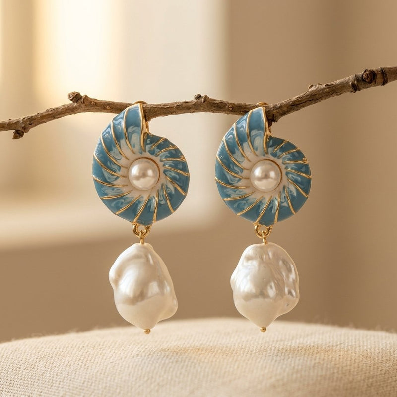 Blue Enamel Nautilus Shell Baroque Pearl Earrings