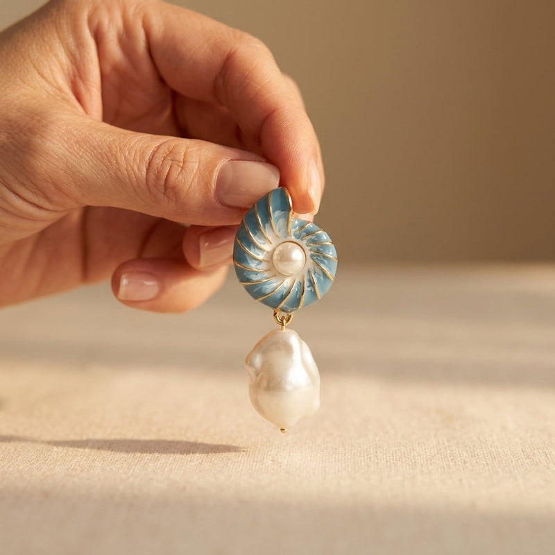 Blue Enamel Nautilus Shell Baroque Pearl Earrings