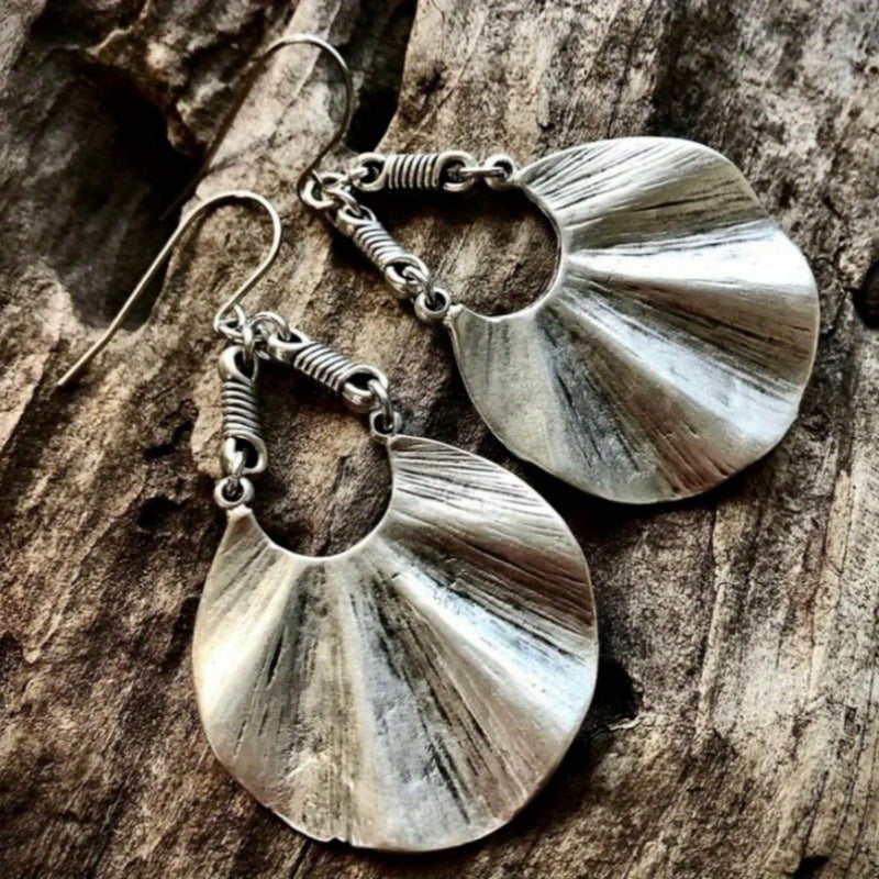Bohemian Charming Textured Silver Fan Drop Earrings