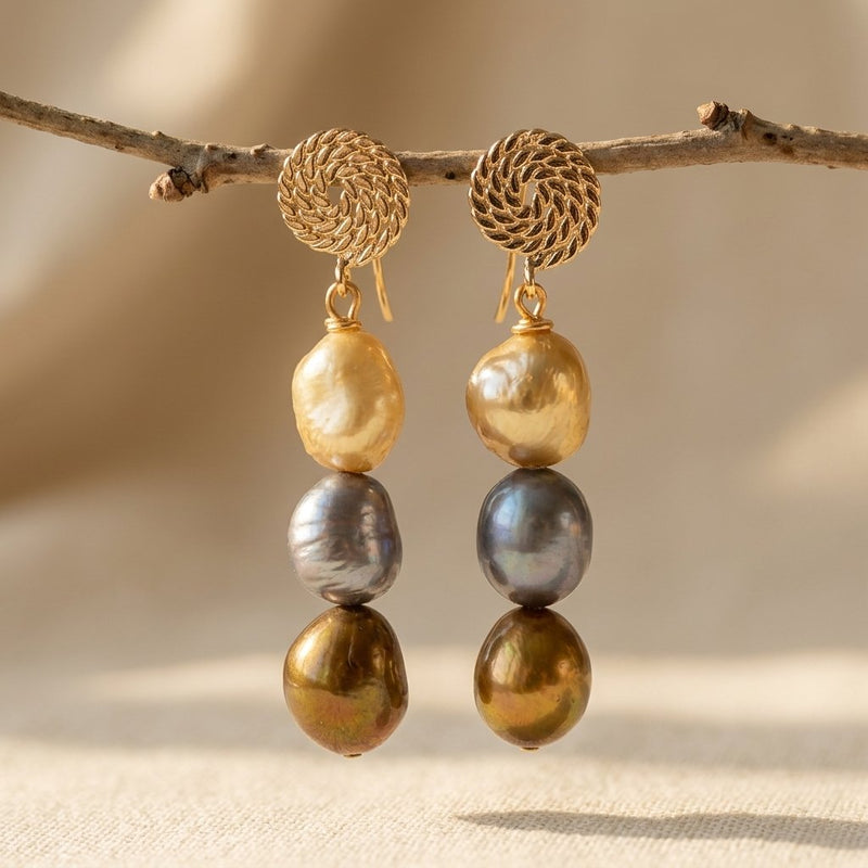 Bohemian Gold Braided Disc Triple Pearl Earrings