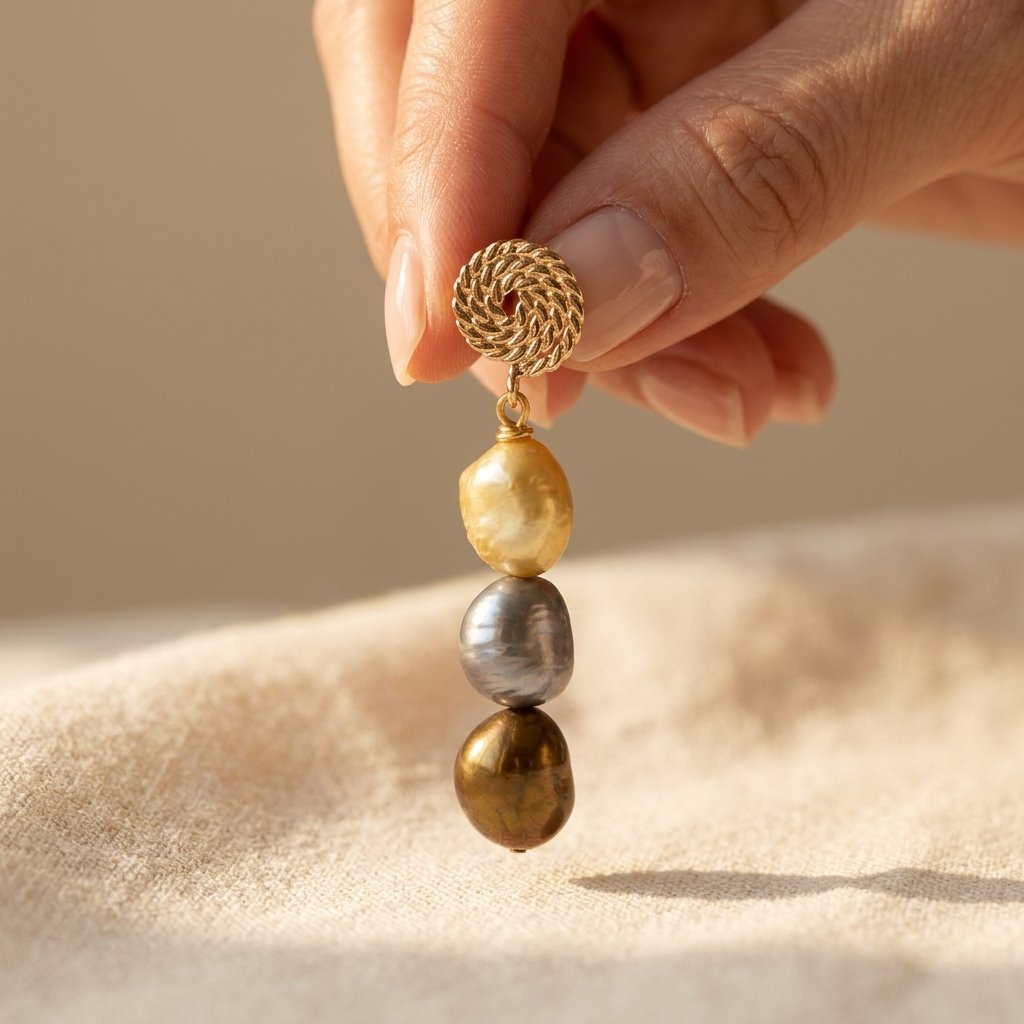Bohemian Gold Braided Disc Triple Pearl Earrings