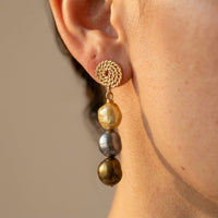 Bohemian Gold Braided Disc Triple Pearl Earrings