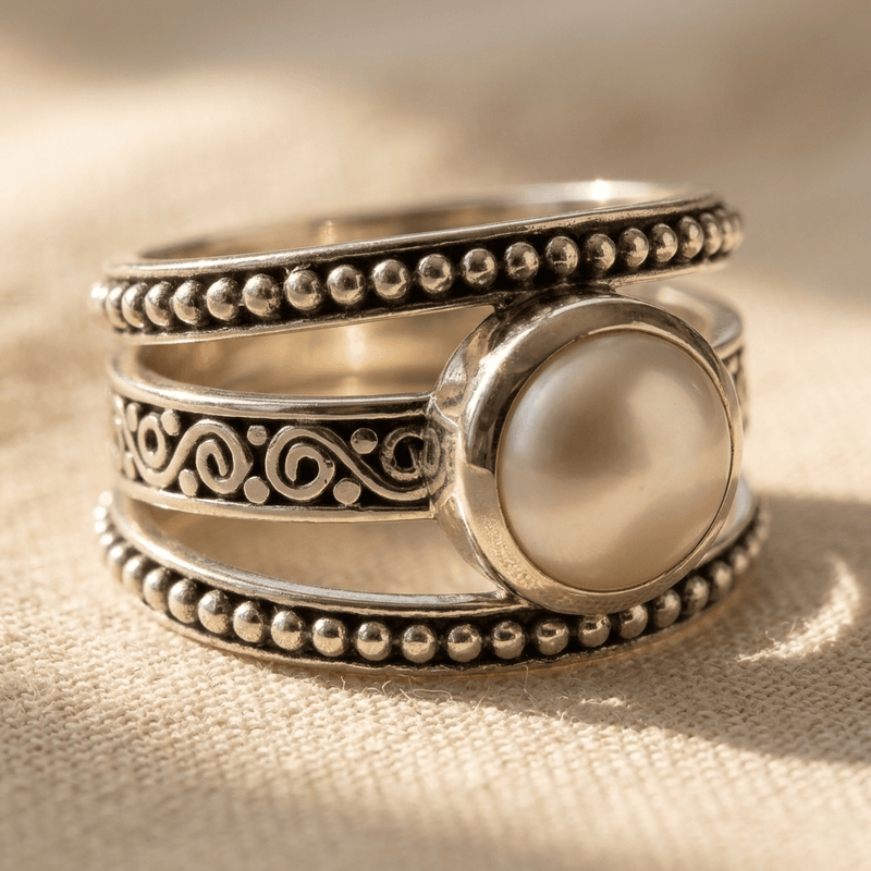 Bohemian Silver Pearl Beaded Ring