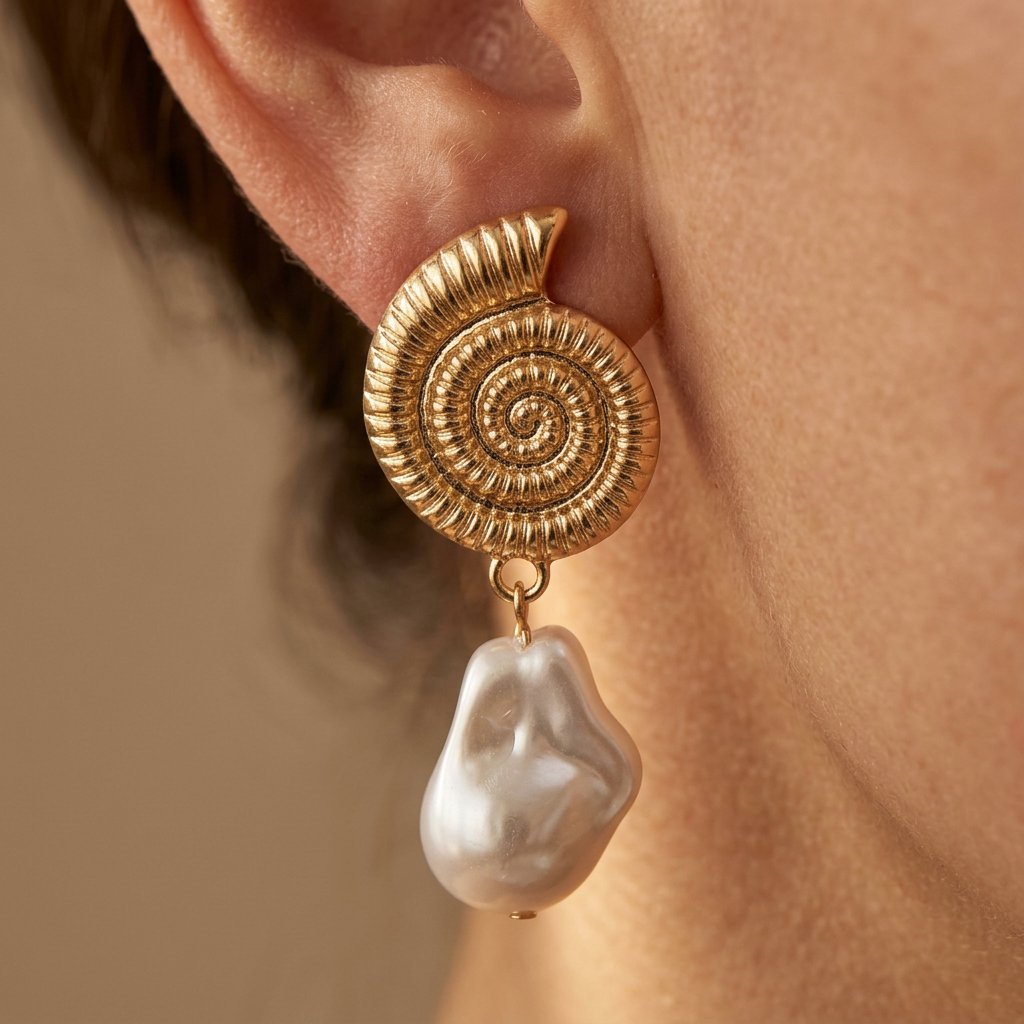 Boho Gold Ammonite Baroque Pearl Drop Earrings