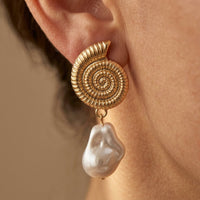 Boho Gold Ammonite Baroque Pearl Drop Earrings