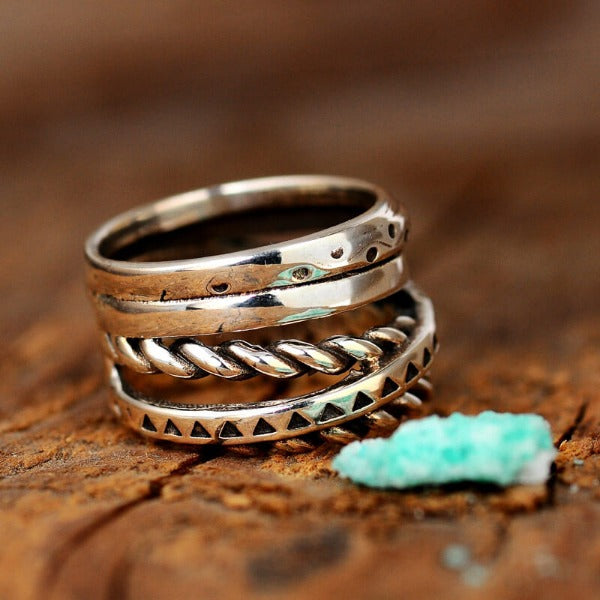 Elegant Bohemian Aztec Style Wide Band Silver Ring