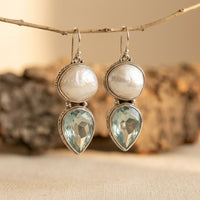 Boho Silver Pearl Blue Topaz Drop Earrings