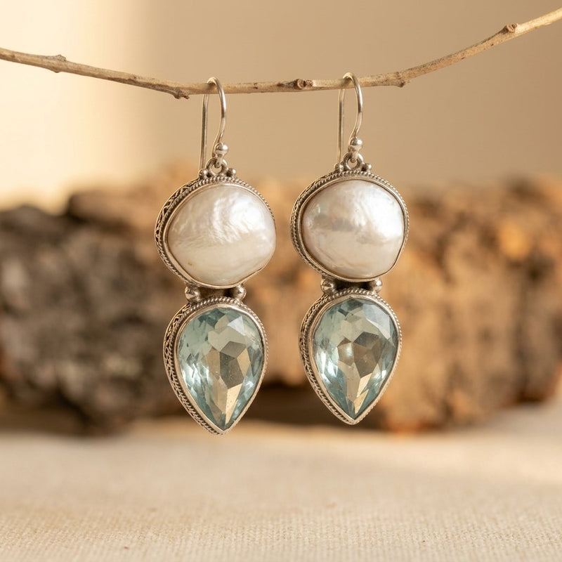 Boho Silver Pearl Blue Topaz Drop Earrings