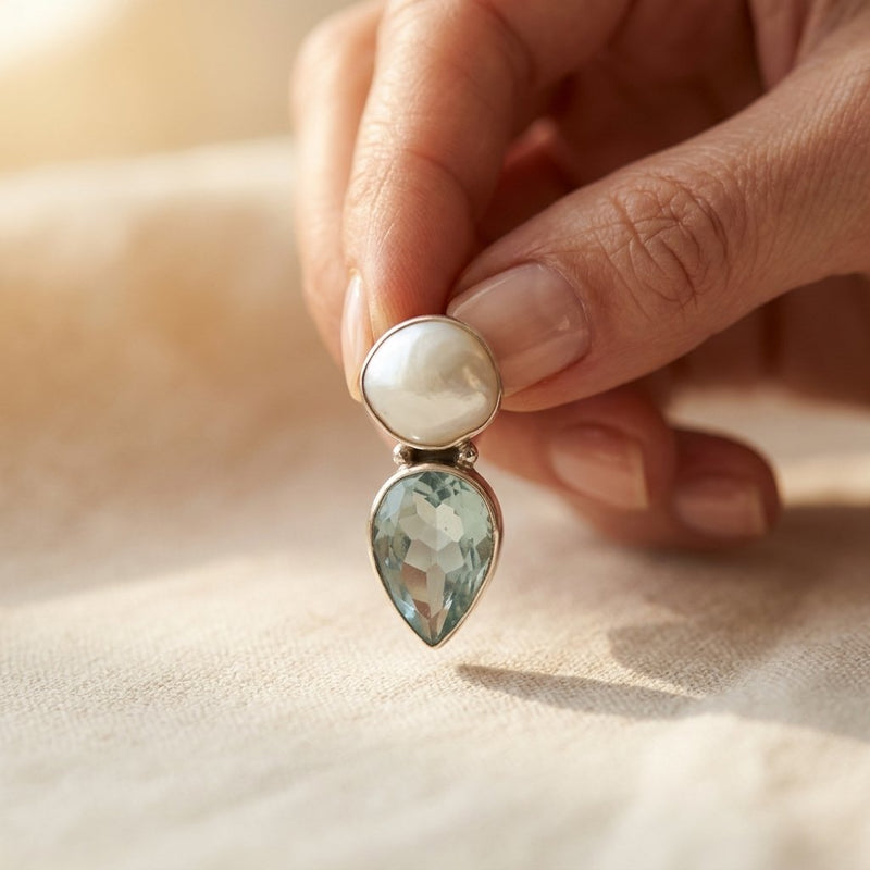 Boho Silver Pearl Blue Topaz Drop Earrings