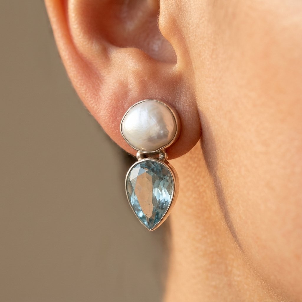 Boho Silver Pearl Blue Topaz Drop Earrings