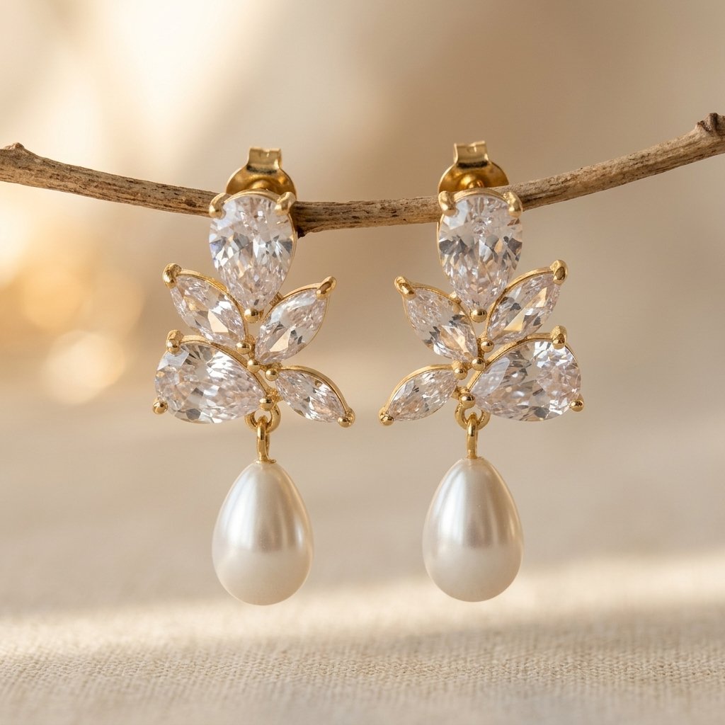 Bridal Gold Crystal Cluster Pearl Drop Earrings