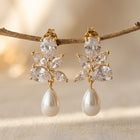 Bridal Gold Crystal Cluster Pearl Drop Earrings