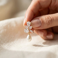 Bridal Gold Crystal Cluster Pearl Drop Earrings