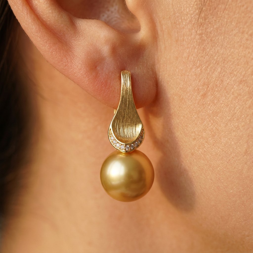 Brushed Gold South Sea Pearl Drop Earrings