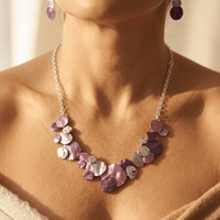 Vintage Distressed Silvery Purple Enamel Irregular Necklace Earrings Set