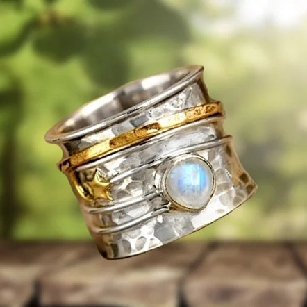Star and Moon Moonstone Silver & Gold Artisan Ring
