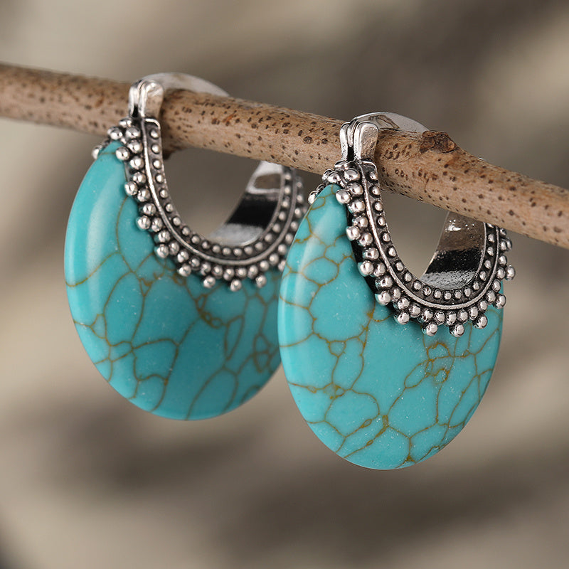 Turquoise Crescent Silver Plated Hoop Earrings