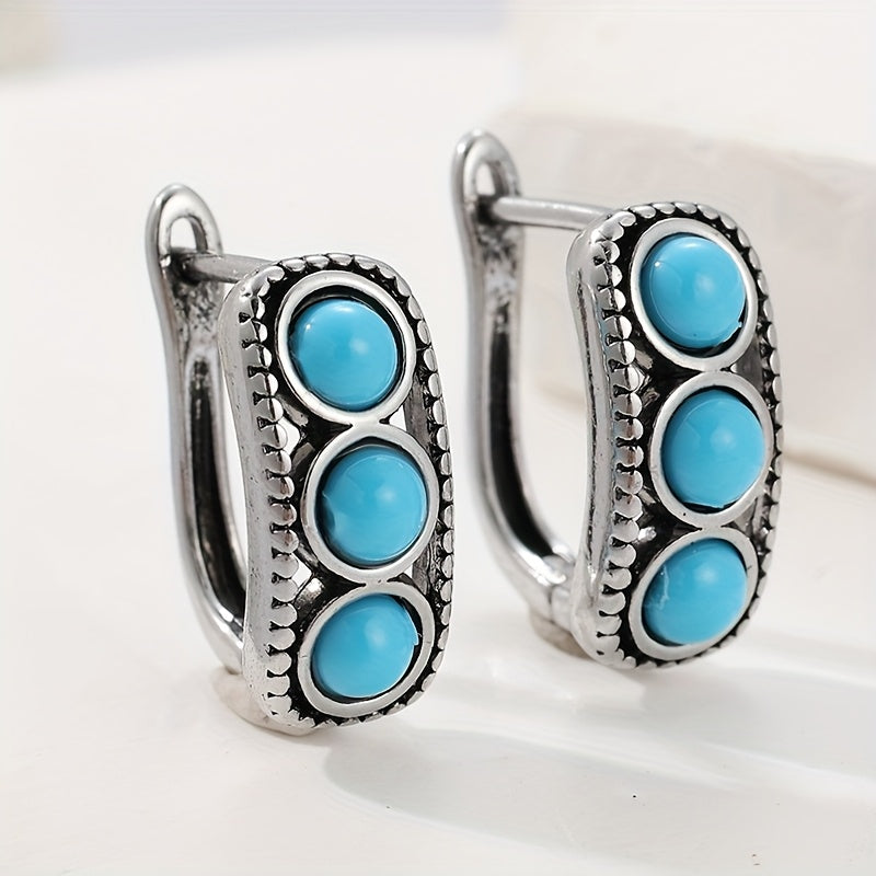 Vintage Silver Plated Turquoise Thick Hoop Earrings