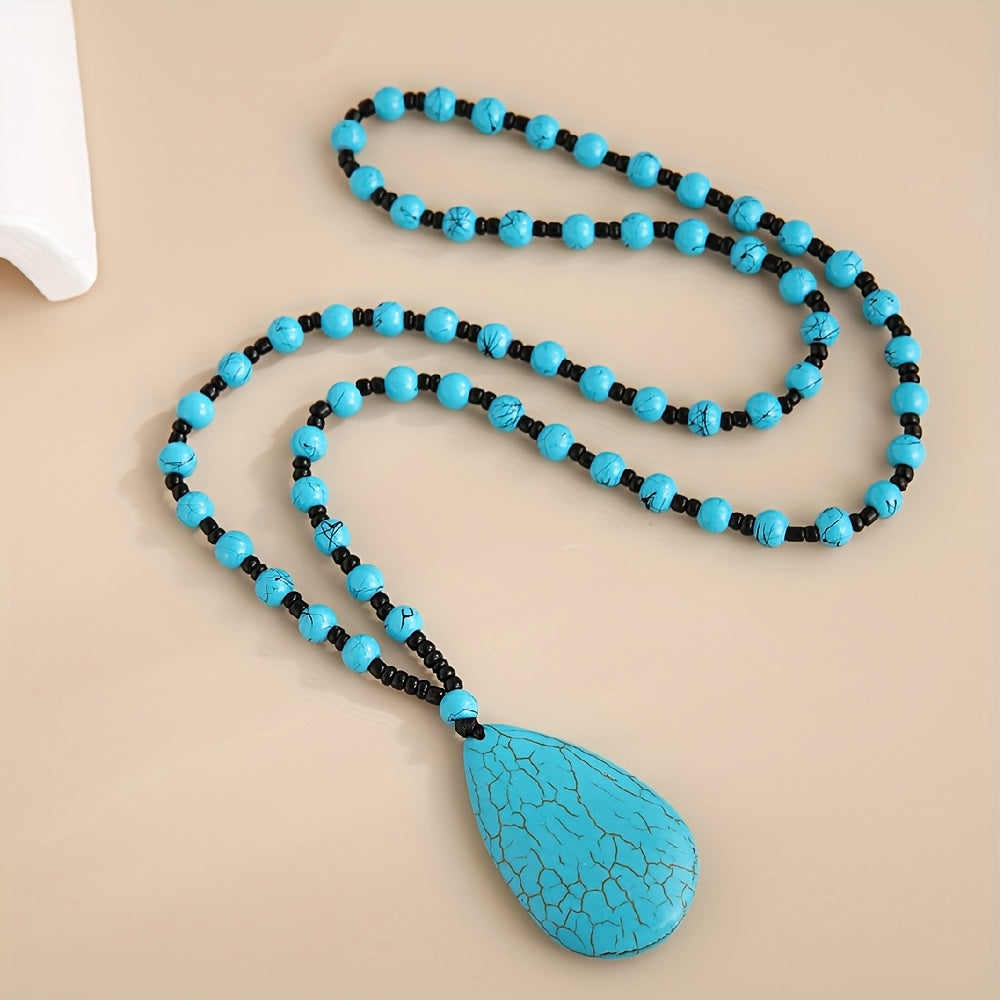 Bohemian Turquoise Beaded Large Teardrop Pendant Necklace