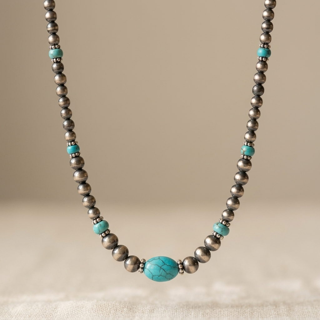 Vintage Silver Green Turquoise Beaded Necklace