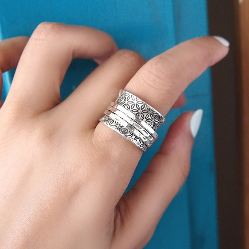 Vintage Boho Floral Wide Silver Plated Ring