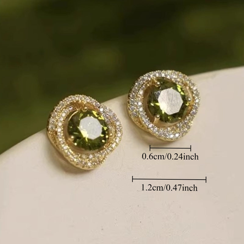 Vintage Green Zirconia Double Halo Flower Stud Earrings