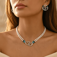 Double Layer Beaded Heart Charm Necklace And Bracelet Set