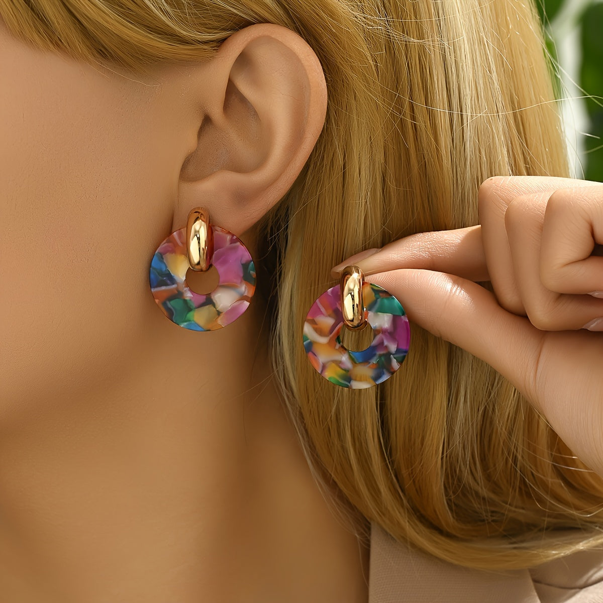 Colorful Resin Disc Statement Earrings with Gold Hoop