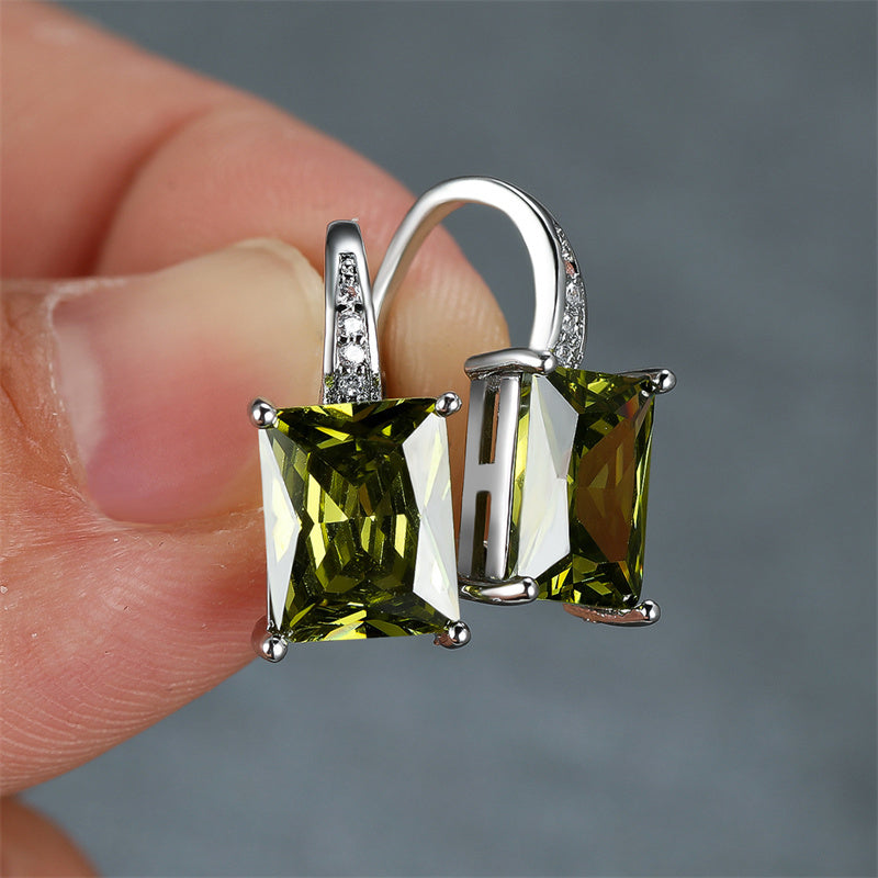 Vintage Rectangular Cut Green Zirconia Stone Stud Earrings