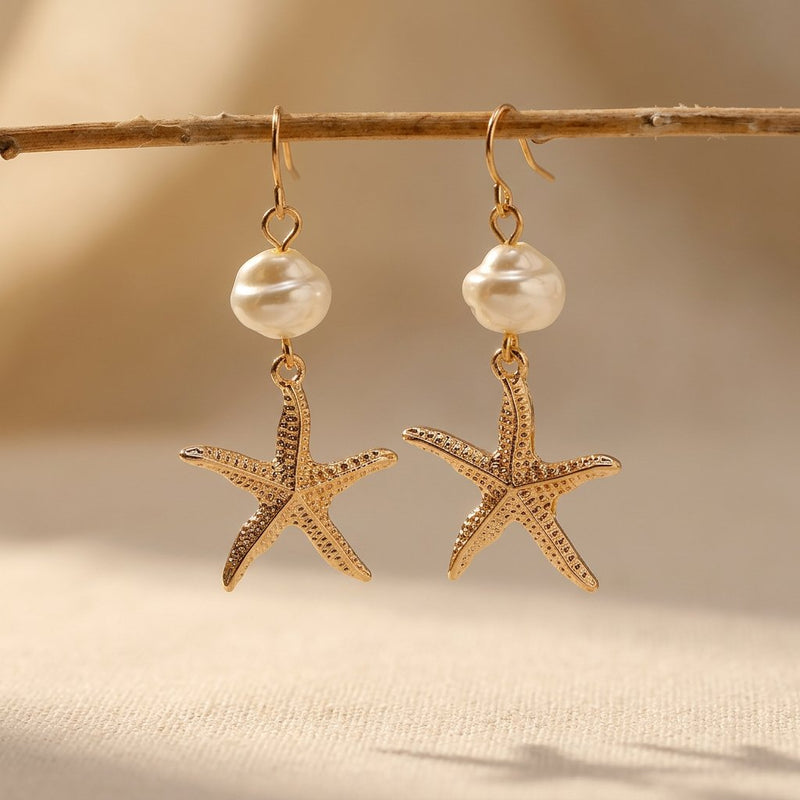 Coastal Gold Pearl Starfish Drop Earrings