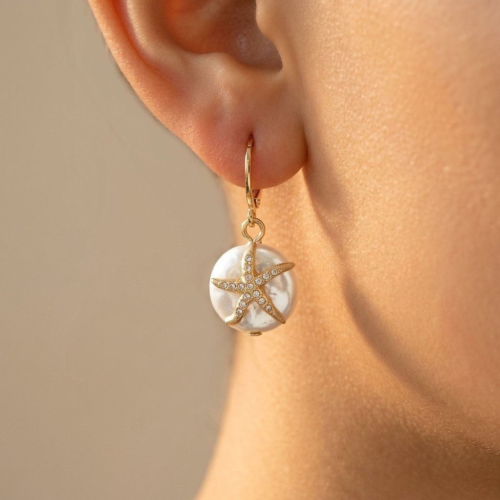 Coastal Gold Starfish Pearl Drop Earrings