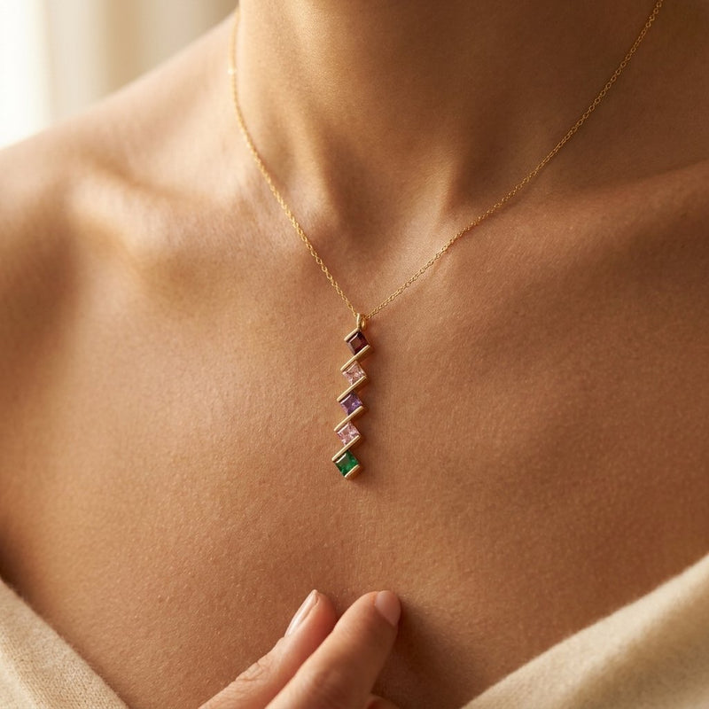 Colorful Gold Rainbow Square Pendant Necklace