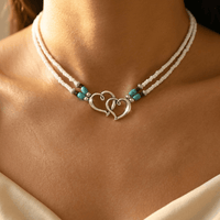 Double Layer Beaded Heart Charm Necklace And Bracelet Set