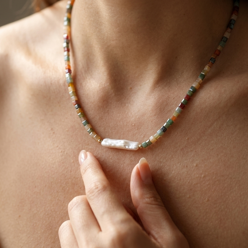 Colorful Natural Stone Square Beaded Necklace
